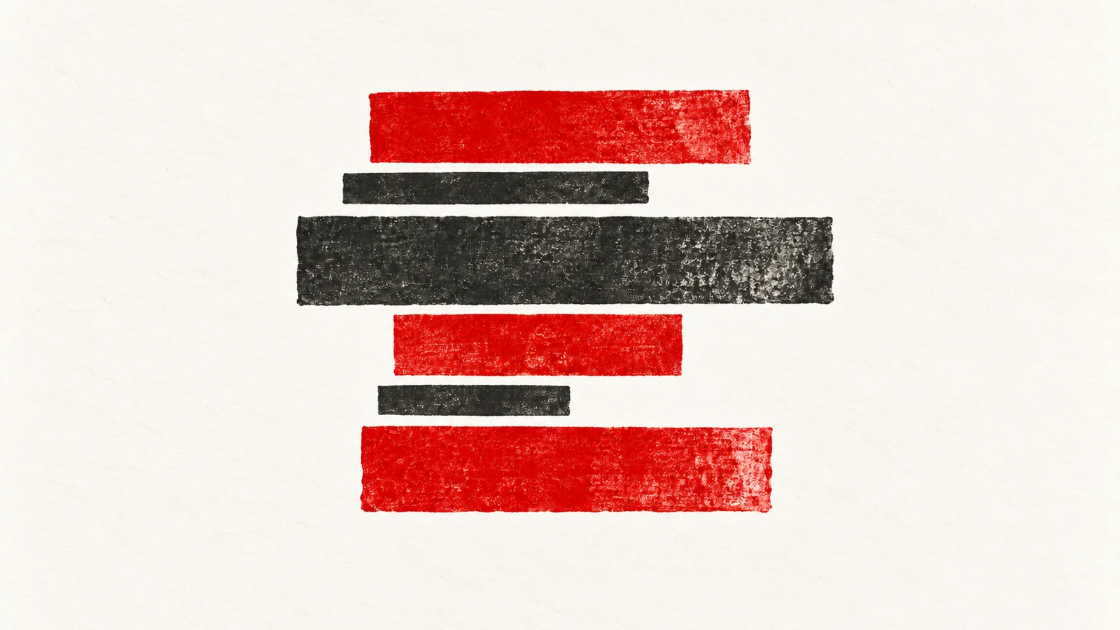 Six unequal-width red and charcoal print impressions form a staggered stack on an off-white paper surface.