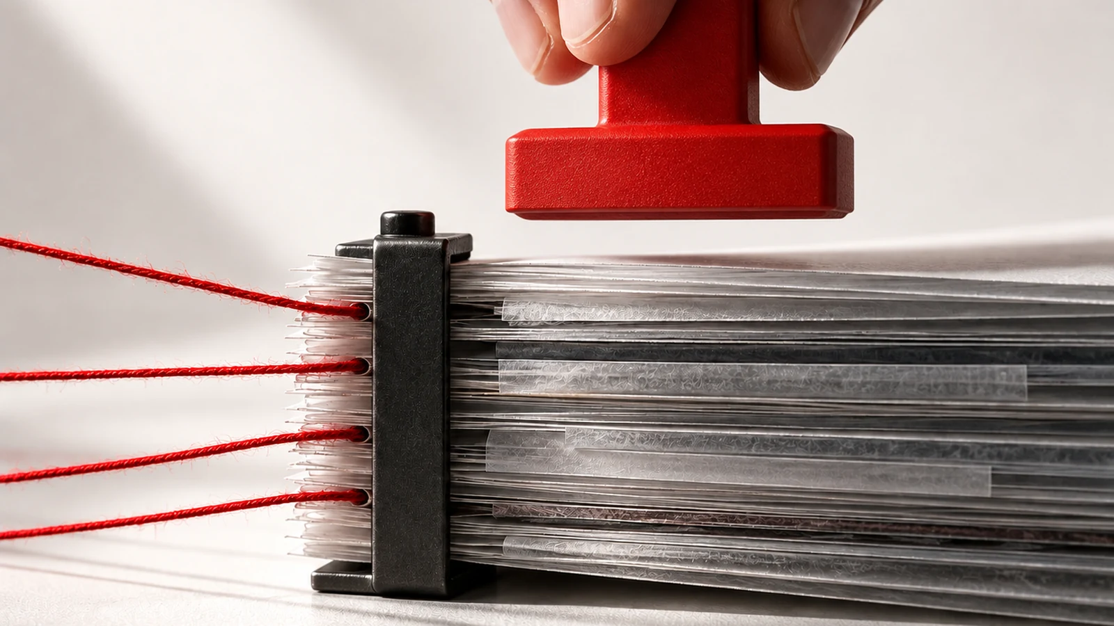A hand holds a blank rectangular red decision stamp above a clamped stack of evidence sheets fed by separate red complaint threads.