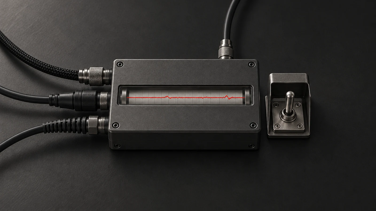 A charcoal analog recorder gathers several signal leads into one continuous red trace beside an untouched metal authority lever.