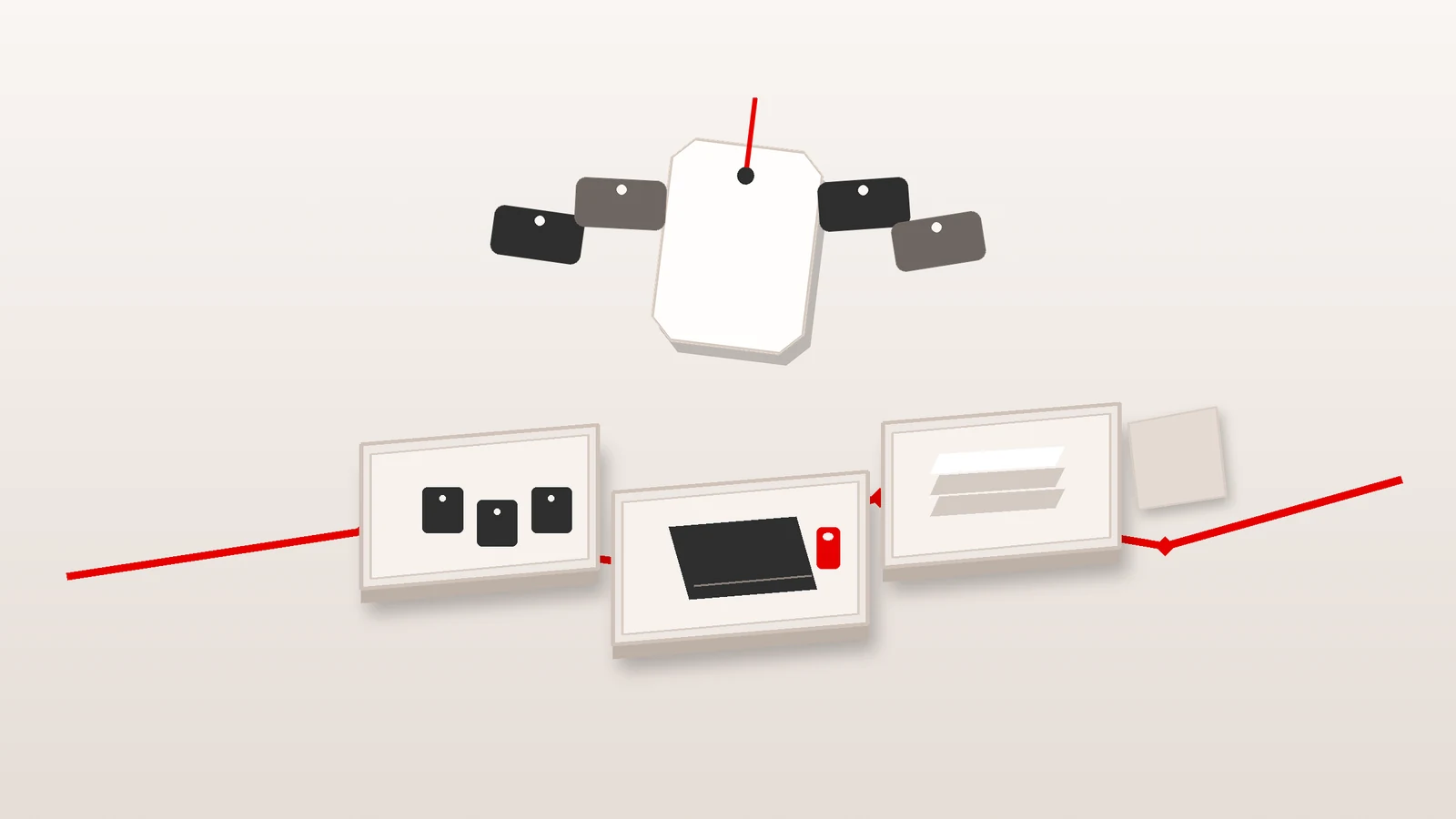 Tactile offboarding still life with a blank identity tag above separate trays for access fobs, equipment and records linked by a red timing line.
