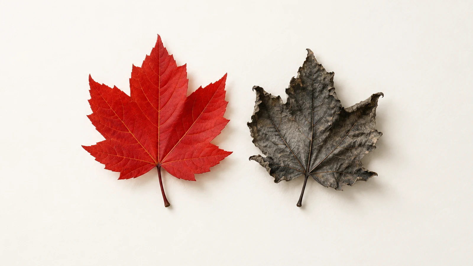 A fresh red leaf and a dry curled charcoal leaf lie side by side on off-white paper.