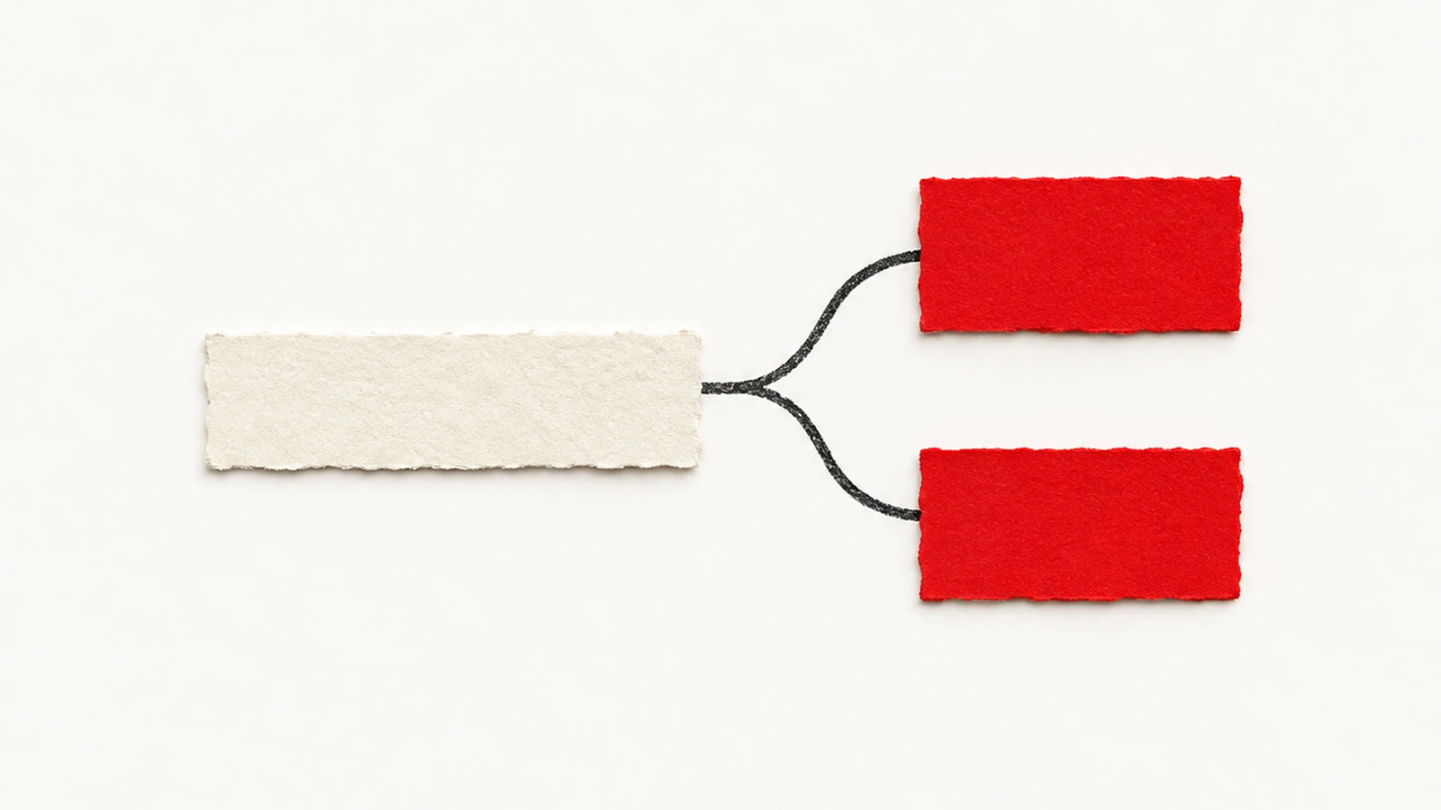 A paper source branches to two equally weighted red candidate slips, with neither selected. Conceptual illustration of an ambiguous supplier match.