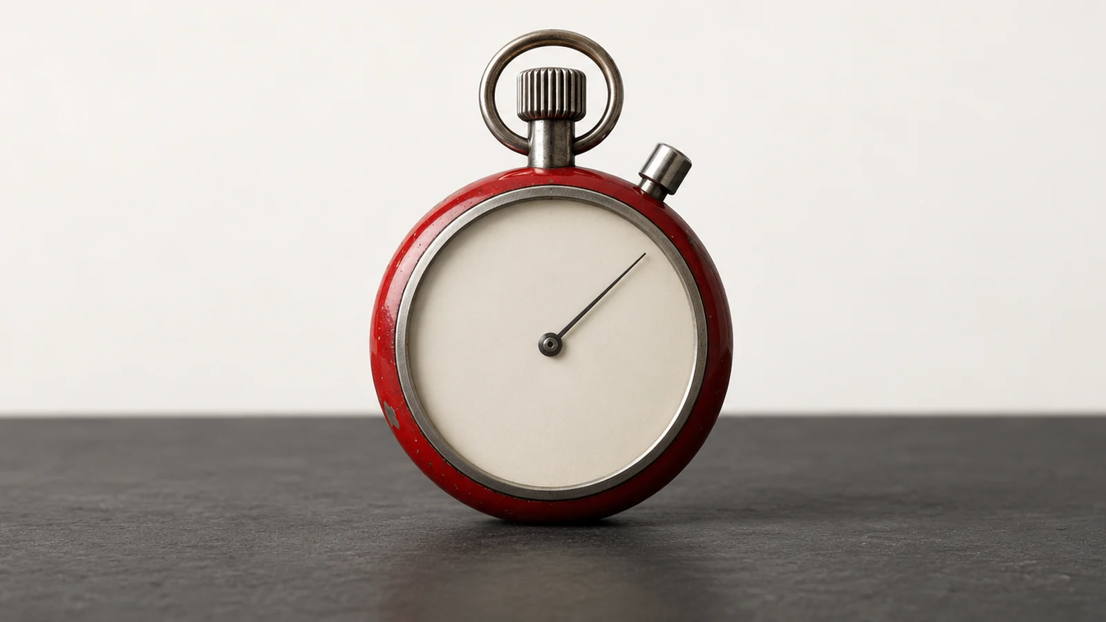 An unmarked red mechanical stopwatch with one dark needle, a metal crown and suspension loop on a charcoal surface.