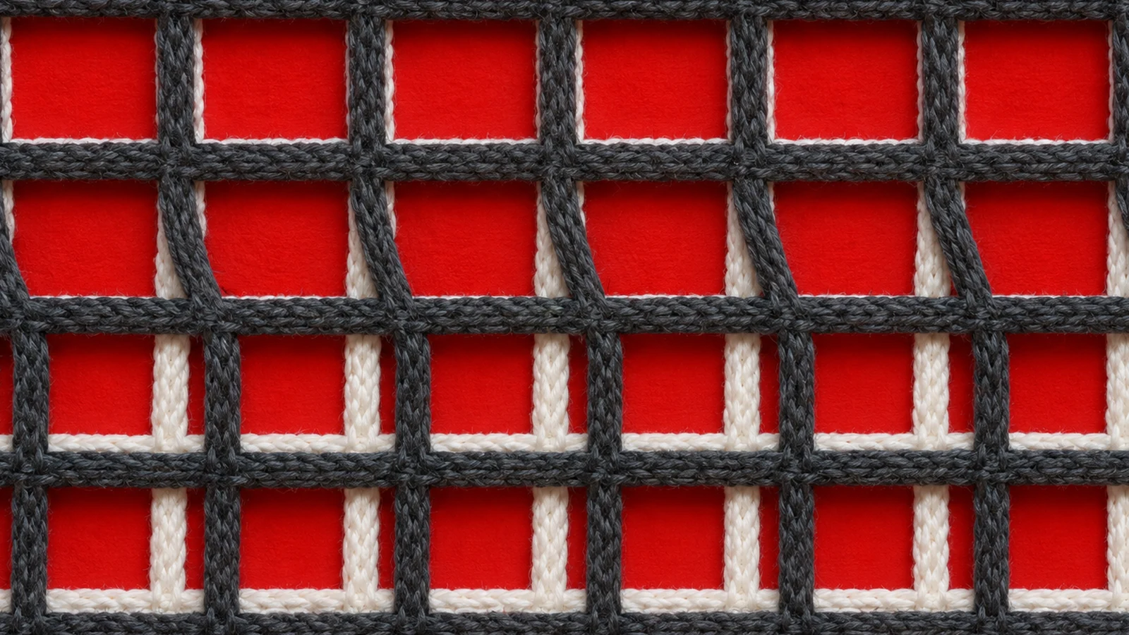 Off-white and charcoal woven grids align above, then separate sideways below against red textile.