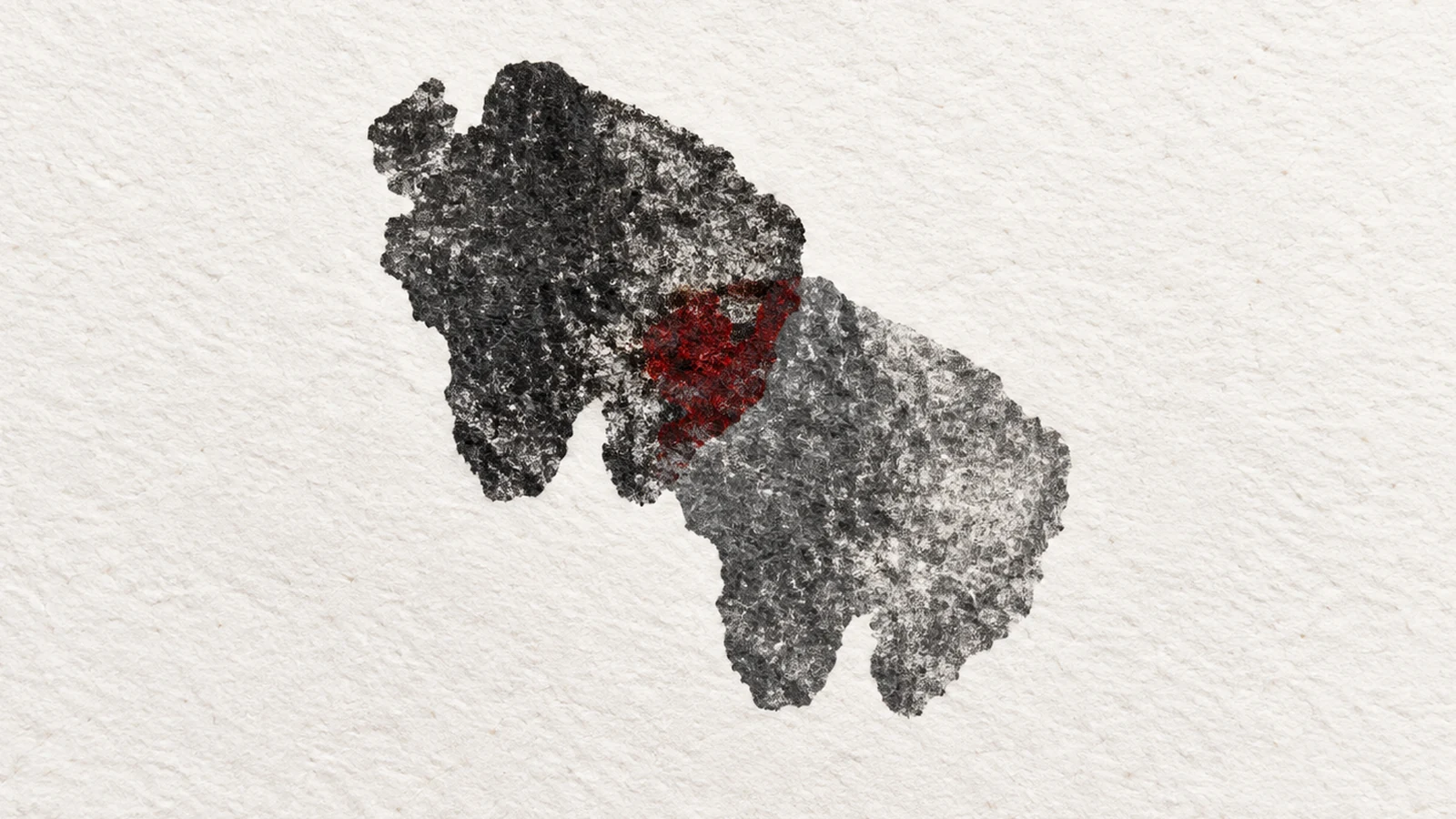 Two overlapping dry charcoal impressions, one lighter and displaced down-right, meet a small red pigment patch on off-white textured paper.
