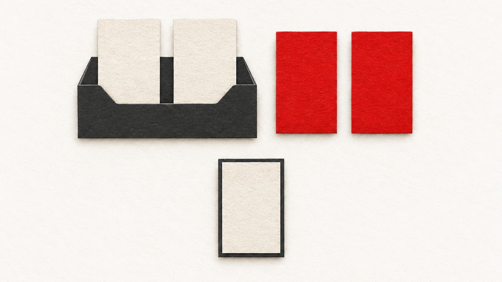Two cream paper slips sit in a charcoal holder, two red slips remain outside it and one bordered cream slip stays separate below, representing unresolved row outcomes.