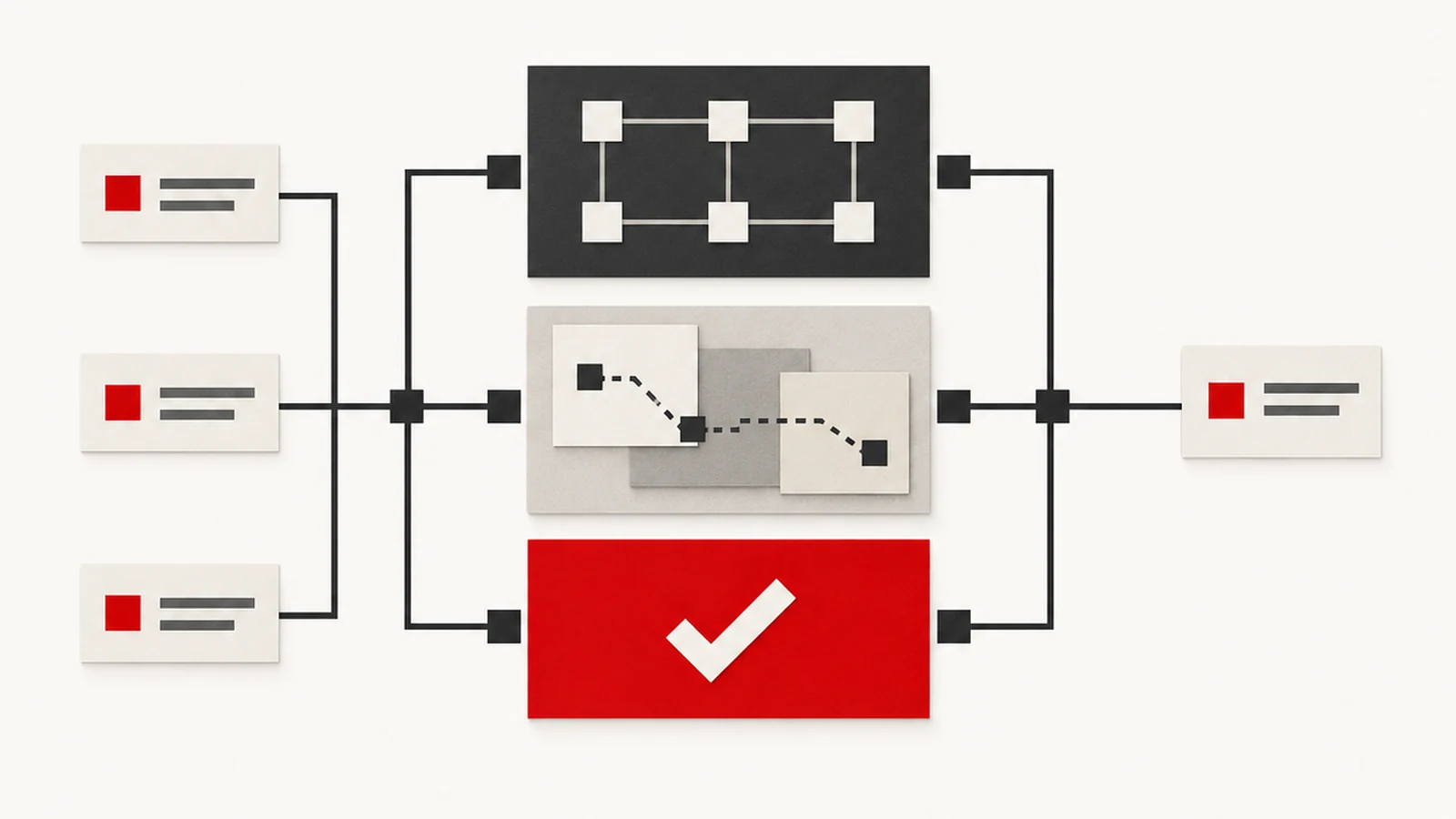 Abstract task cards split into three geometric routing lanes for rules, AI-assisted preparation and human approval, then reunite as one handoff.