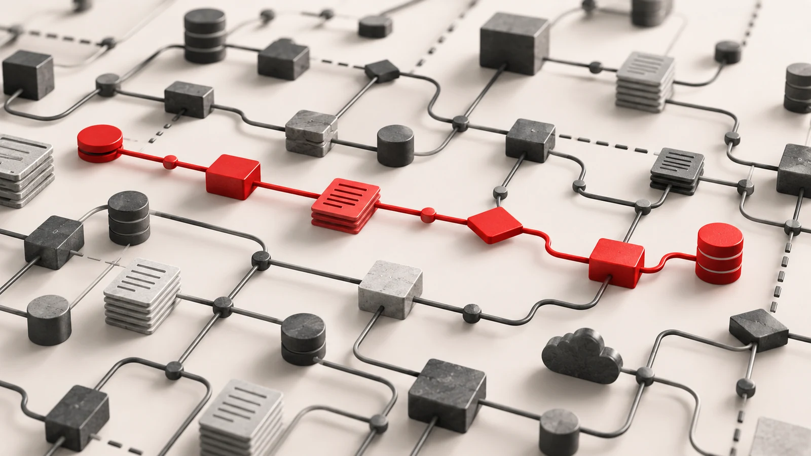 A complex charcoal workflow network with one connected process isolated in MAJLS red