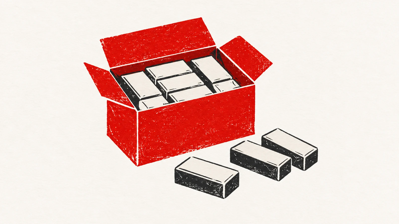 A red carton holds pale rectangular packets, with three loose packets beside it on an off-white printmaking surface.