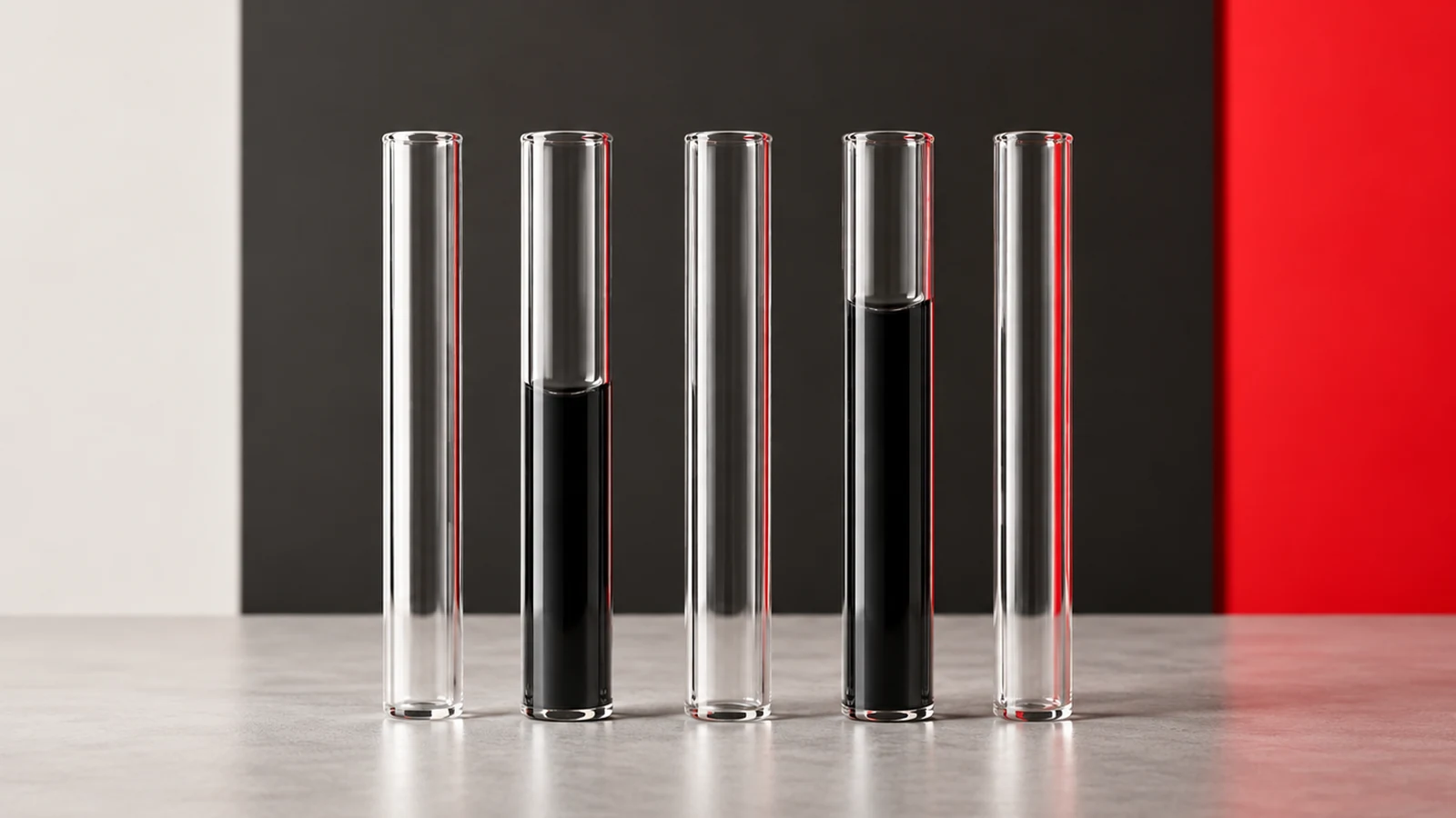 An empty clear glass channel stands between two channels containing dark liquid, with red and off-white reflections.