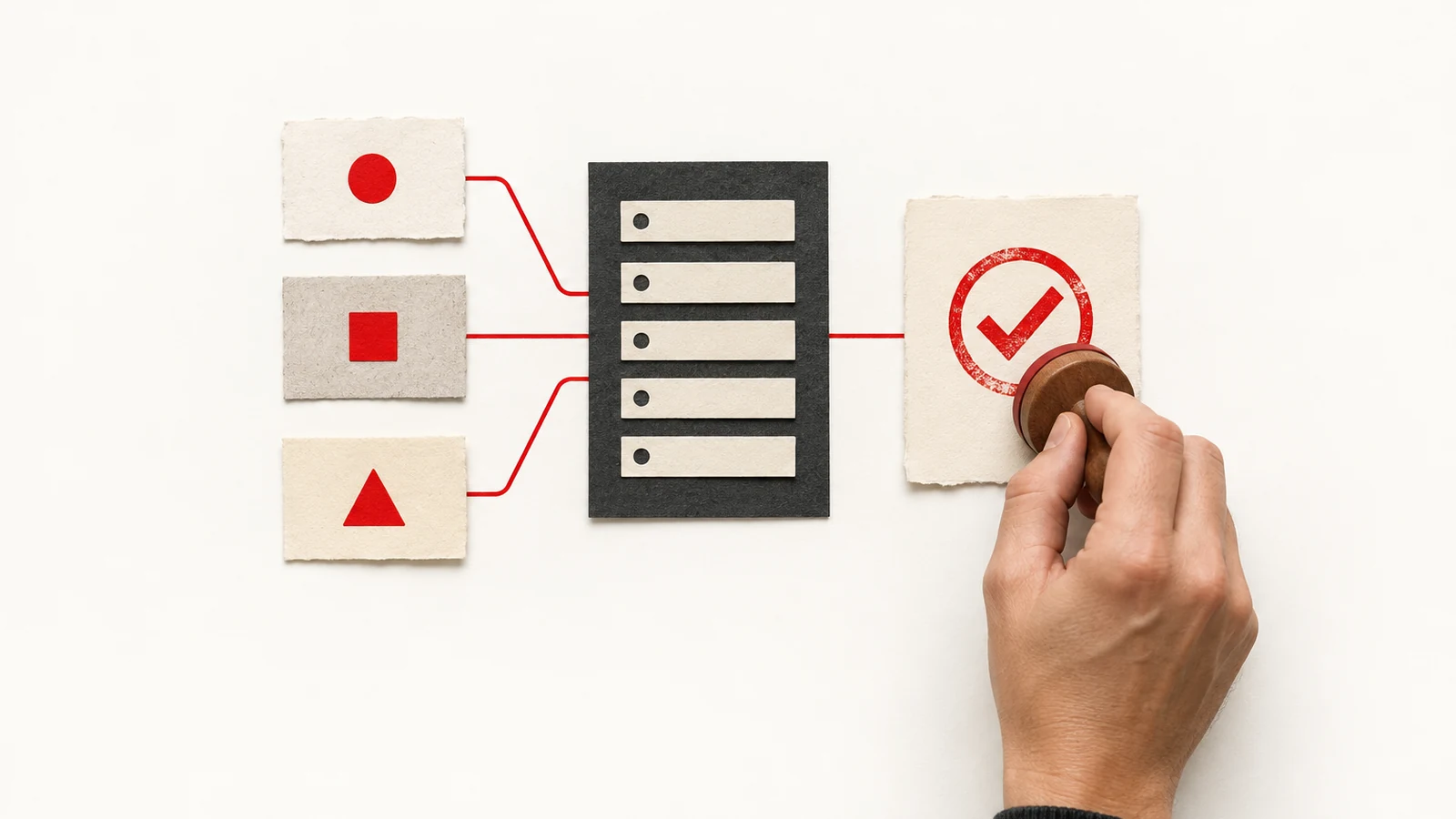 A human hand stamps a red approval check beside a defined charcoal role card and connected inputs