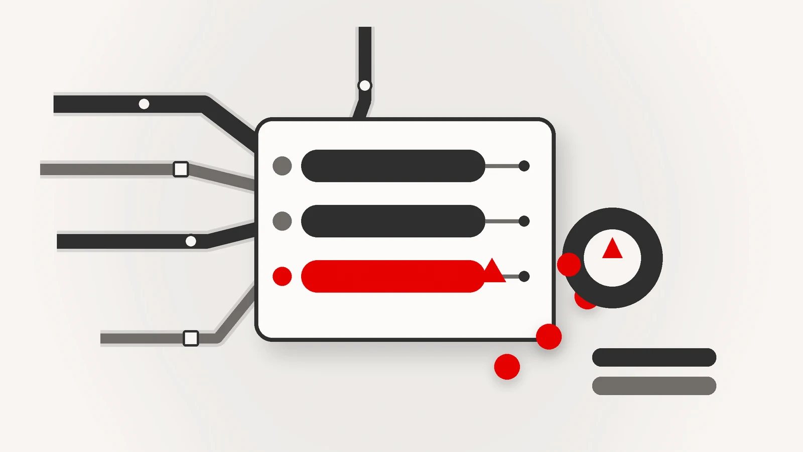 Abstract reporting workflow with data streams feeding a checked report and red exception markers moving to a separate approval control.