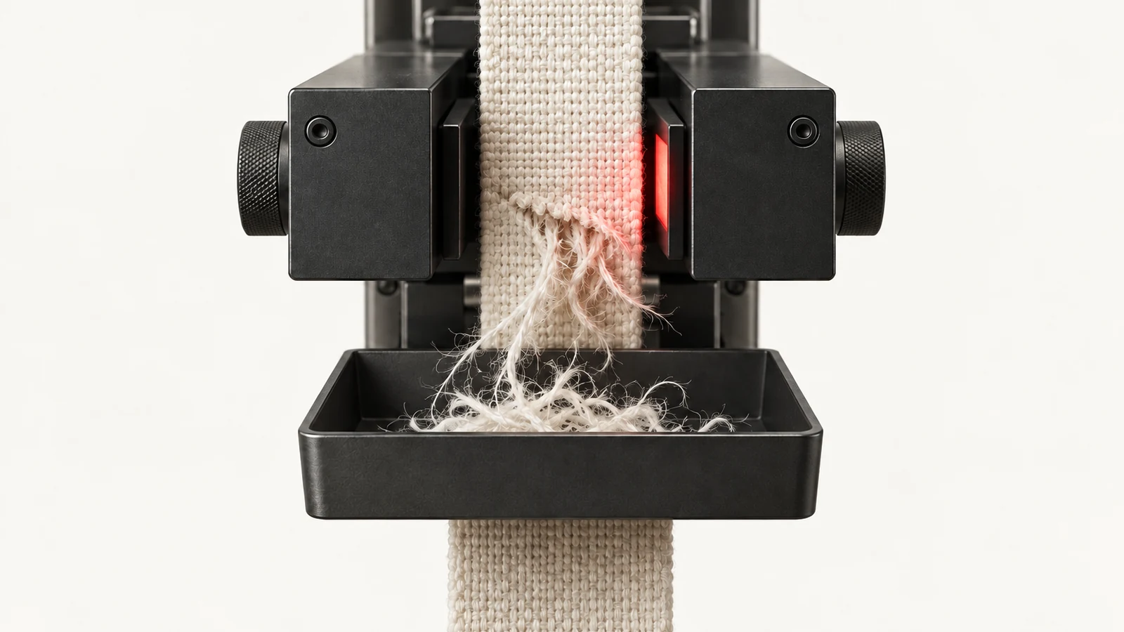 A frayed off-white process tape is detected by a compact red inspection light while loose fibers collect in a charcoal recovery tray.